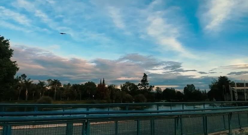 Atardecer en el parque Ecológico de Puebla, vista panorámica del lago rodeado de arboles y vegetación, con barandales metálicos.